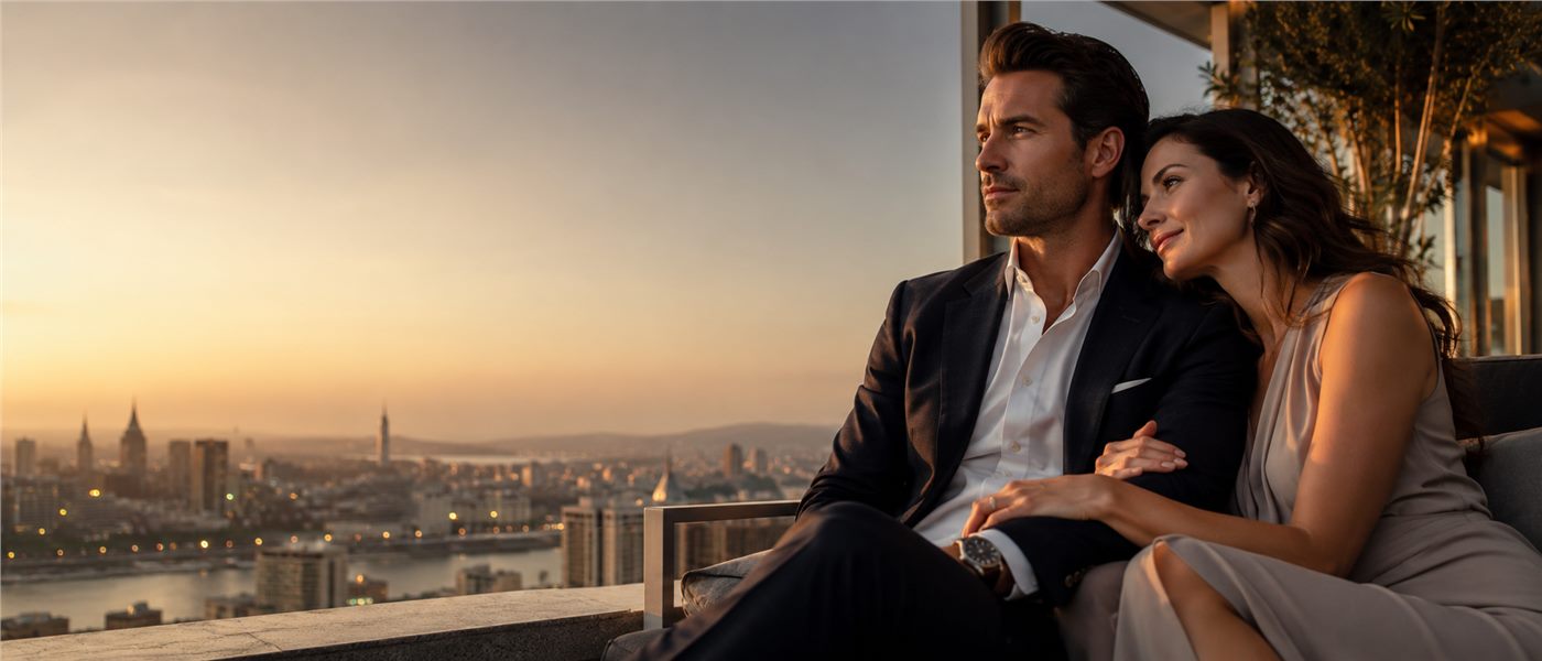 Elegant couple with a city view